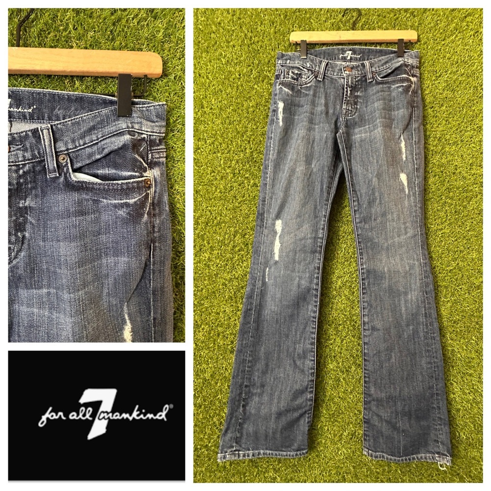 7 For All Mankind Women's Boot Cut Jeans - Faded Blue with Distressing